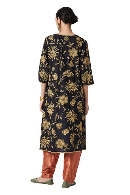 Shop Payal Pratap Blue Mohair, Brocade, Silk Organza Embroidery Round Neck Malika Kurta Set Online at Aza Fashions Shop_Payal Pratap_Blue Mohair, Brocade, Silk Organza Embroidery Round Neck Malika Kurta Set _Online_at_Aza_Fashions