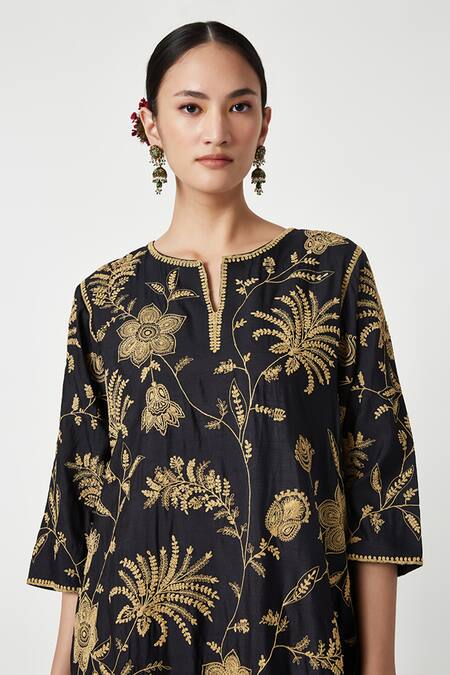 Shop Payal Pratap Blue Mohair, Brocade, Silk Organza Embroidery Round Neck Malika Kurta Set Shop_Payal Pratap_Blue Mohair, Brocade, Silk Organza Embroidery Round Neck Malika Kurta Set