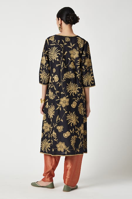 Shop Payal Pratap Blue Mohair, Brocade, Silk Organza Embroidery Round Neck Malika Kurta Set at Aza Fashions Shop_Payal Pratap_Blue Mohair, Brocade, Silk Organza Embroidery Round Neck Malika Kurta Set _at_Aza_Fashions