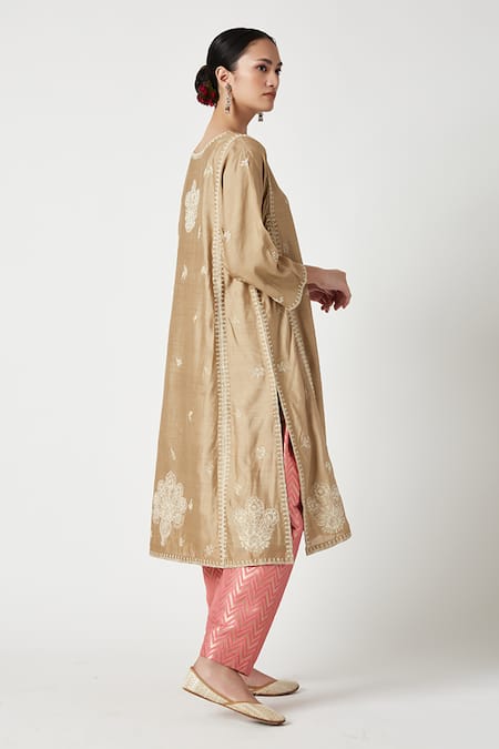 Shop Payal Pratap Beige Mohair, Brocade, Silk Organza Embroidery Round Neck Inaya Kurta Set Online at Aza Fashions Shop_Payal Pratap_Beige Mohair, Brocade, Silk Organza Embroidery Round Neck Inaya Kurta Set _Online_at_Aza_Fashions