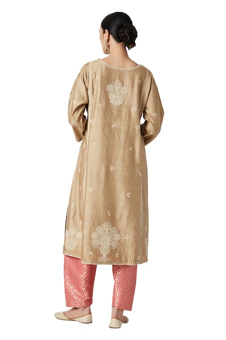 Payal Pratap Beige Mohair, Brocade, Silk Organza Embroidery Round Neck Inaya Kurta Set at Aza Fashions Payal Pratap_Beige Mohair, Brocade, Silk Organza Embroidery Round Neck Inaya Kurta Set _at_Aza_Fashions