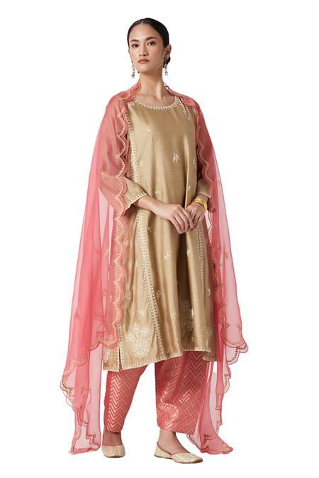 Shop Payal Pratap Beige Mohair, Brocade, Silk Organza Embroidery Round Neck Inaya Kurta Set Shop_Payal Pratap_Beige Mohair, Brocade, Silk Organza Embroidery Round Neck Inaya Kurta Set