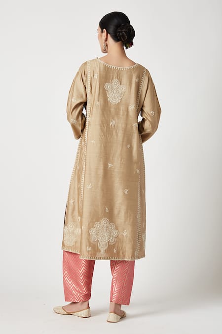 Shop Payal Pratap Beige Mohair, Brocade, Silk Organza Embroidery Round Neck Inaya Kurta Set at Aza Fashions Shop_Payal Pratap_Beige Mohair, Brocade, Silk Organza Embroidery Round Neck Inaya Kurta Set _at_Aza_Fashions
