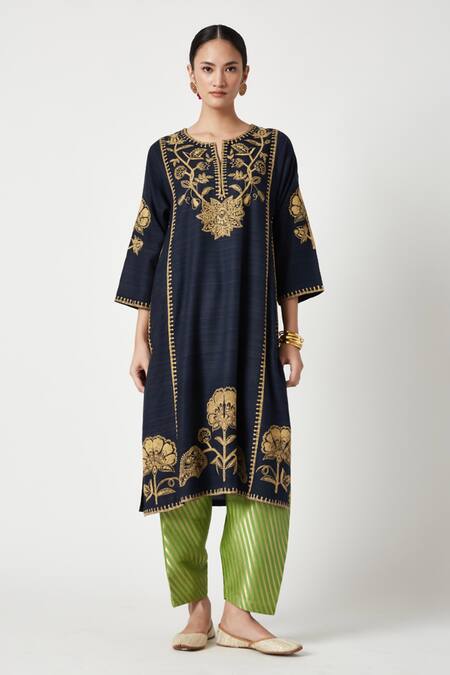 Payal Pratap Blue Organza, Brocade, Embroidery Round Neck Zora Kurta Set Online at Aza Fashions Payal Pratap_Blue Organza, Brocade, Embroidery Round Neck Zora Kurta Set _Online_at_Aza_Fashions