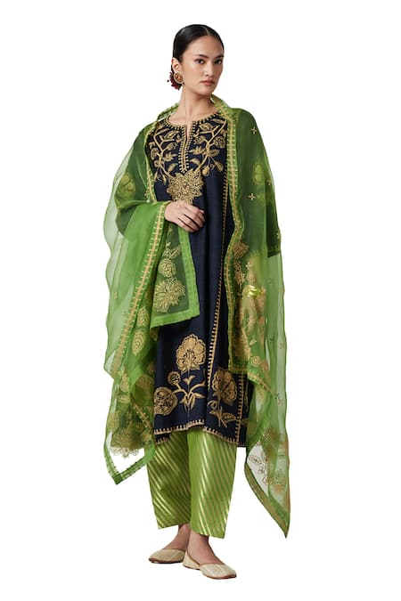 Shop Payal Pratap Blue Organza, Brocade, Embroidery Round Neck Zora Kurta Set Shop_Payal Pratap_Blue Organza, Brocade, Embroidery Round Neck Zora Kurta Set