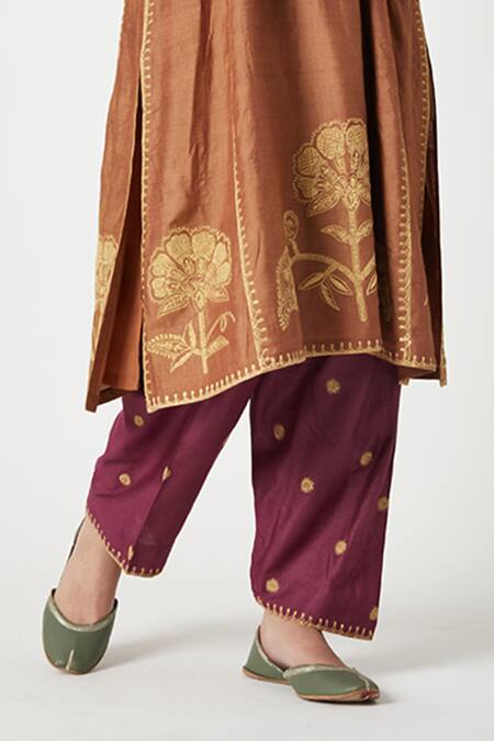 Payal Pratap Orange Brocade Embroidery Round Neck Mariam Kurta With Salwar Online at Aza Fashions Payal Pratap_Orange Brocade Embroidery Round Neck Mariam Kurta With Salwar _Online_at_Aza_Fashions