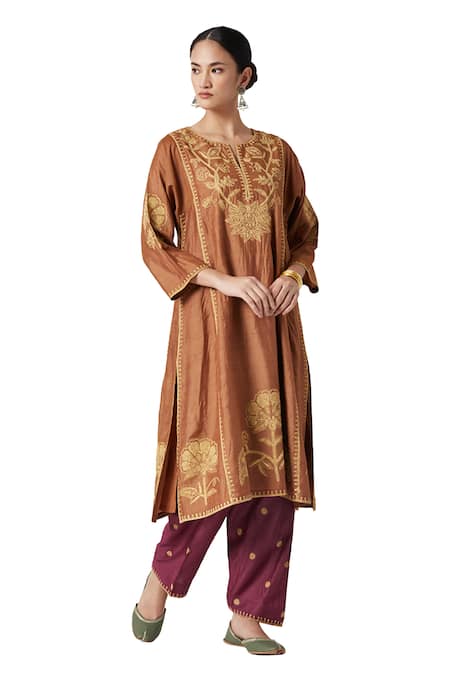 Buy Payal Pratap Orange Brocade Embroidery Round Neck Mariam Kurta With Salwar Online at Aza Fashions Buy_Payal Pratap_Orange Brocade Embroidery Round Neck Mariam Kurta With Salwar _Online_at_Aza_Fashions