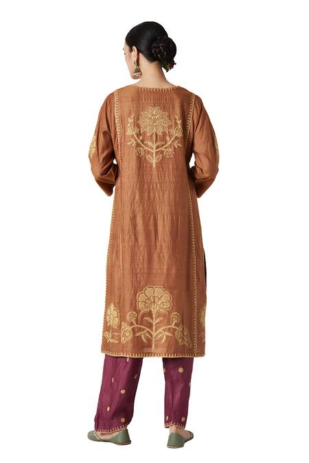 Payal Pratap Orange Brocade Embroidery Round Neck Mariam Kurta With Salwar at Aza Fashions Payal Pratap_Orange Brocade Embroidery Round Neck Mariam Kurta With Salwar _at_Aza_Fashions
