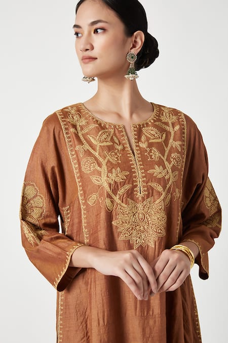 Buy Payal Pratap Orange Brocade Embroidery Round Neck Mariam Kurta With Salwar Buy_Payal Pratap_Orange Brocade Embroidery Round Neck Mariam Kurta With Salwar