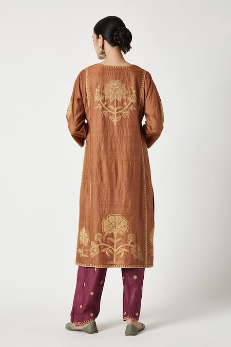 Shop Payal Pratap Orange Brocade Embroidery Round Neck Mariam Kurta With Salwar at Aza Fashions Shop_Payal Pratap_Orange Brocade Embroidery Round Neck Mariam Kurta With Salwar _at_Aza_Fashions