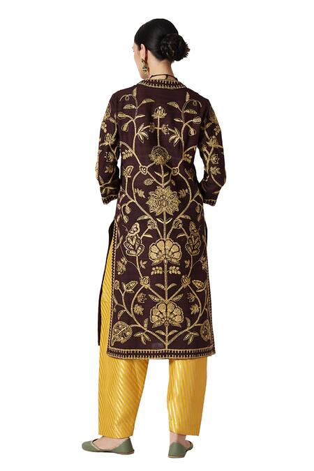 Payal Pratap Brown Organza, Brocade, Embroidery V-neck Aabidah Kurta Set at Aza Fashions Payal Pratap_Brown Organza, Brocade, Embroidery V-neck Aabidah Kurta Set _at_Aza_Fashions