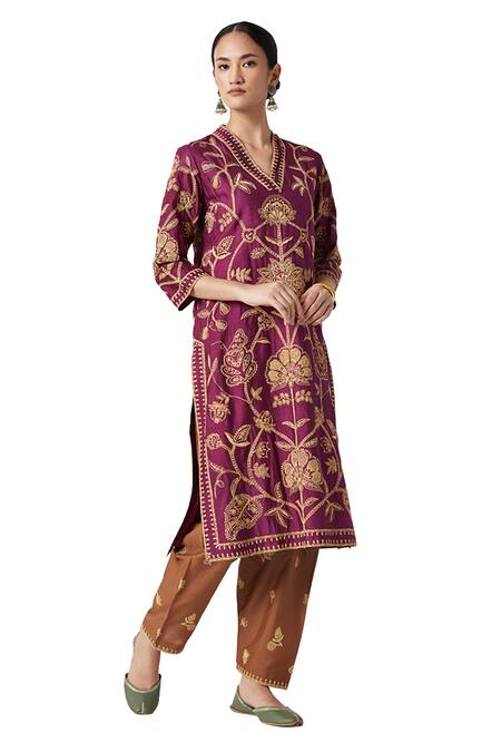Buy Payal Pratap Purple Mohair, Kota Doria Embroidery V-neck Benazir Kurta Pant Set Online at Aza Fashions Buy_Payal Pratap_Purple Mohair, Kota Doria Embroidery V-neck Benazir Kurta Pant Set _Online_at_Aza_Fashions