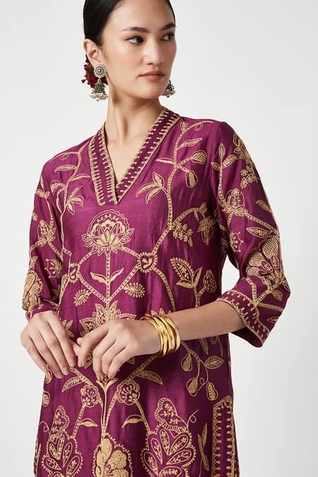 Buy Payal Pratap Purple Mohair, Kota Doria Embroidery V-neck Benazir Kurta Pant Set Buy_Payal Pratap_Purple Mohair, Kota Doria Embroidery V-neck Benazir Kurta Pant Set