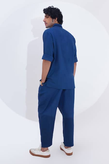 Shop_Jajaabor_Blue Linen Printed Geometric Shirt With Pant _at_Aza_Fashions