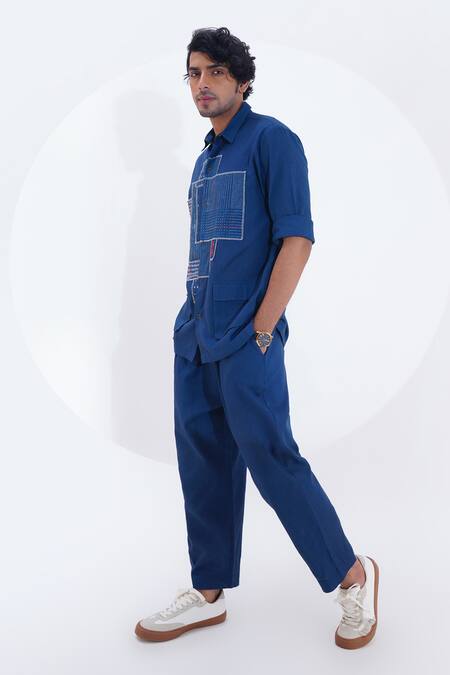 Buy_Jajaabor_Blue Linen Printed Geometric Shirt With Pant _Online_at_Aza_Fashions
