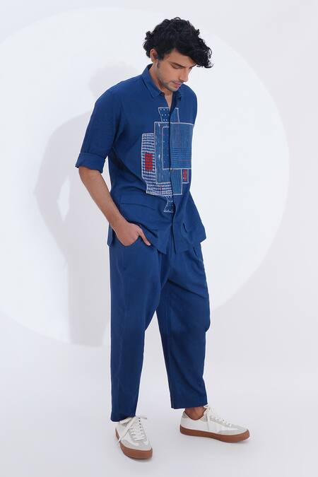 Shop_Jajaabor_Blue Linen Printed Geometric Shirt With Pant _Online_at_Aza_Fashions