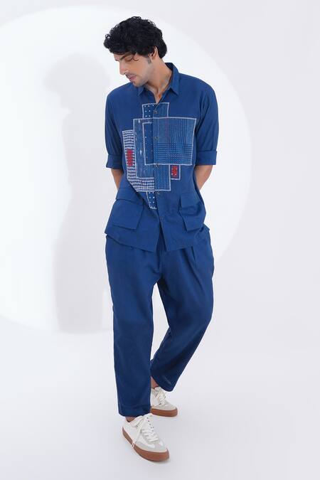 Jajaabor_Blue Linen Printed Geometric Shirt With Pant _at_Aza_Fashions