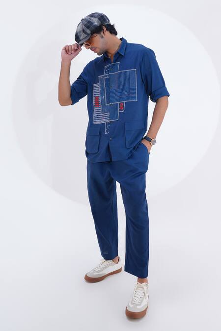 Buy_Jajaabor_Blue Linen Printed Geometric Shirt With Pant 