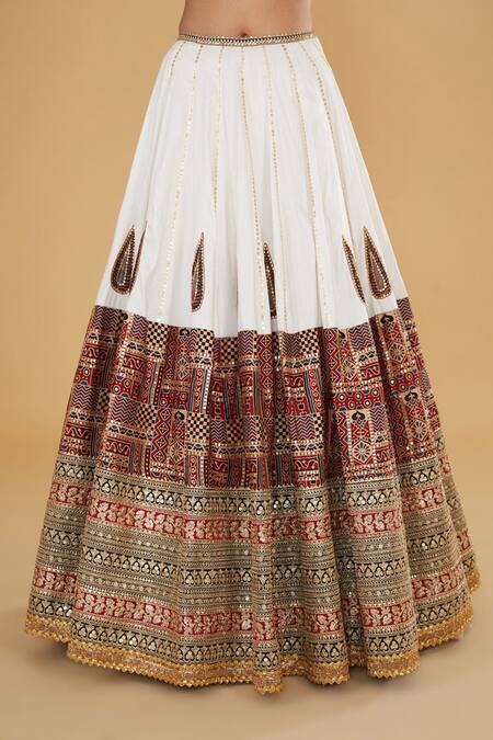 Buy_Nitya Bajaj_Gold Cotton Silk Hand Block Stripe Embroidered Bridal Lehenga Set 