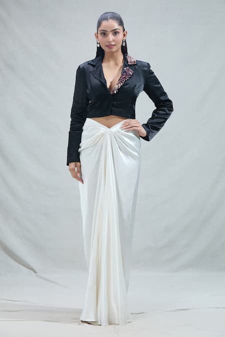 Masumi Mewawalla Black Mashroo Embroidered Lapel Collar Blazer And Draped Skirt Set