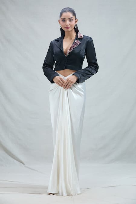 Buy_Masumi Mewawalla_Black Maheshwari Embroidery Blazer And Draped Skirt Set _Online_at_Aza_Fashions