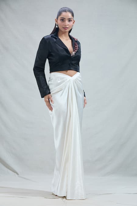 Shop_Masumi Mewawalla_Black Maheshwari Embroidery Blazer And Draped Skirt Set _Online_at_Aza_Fashions