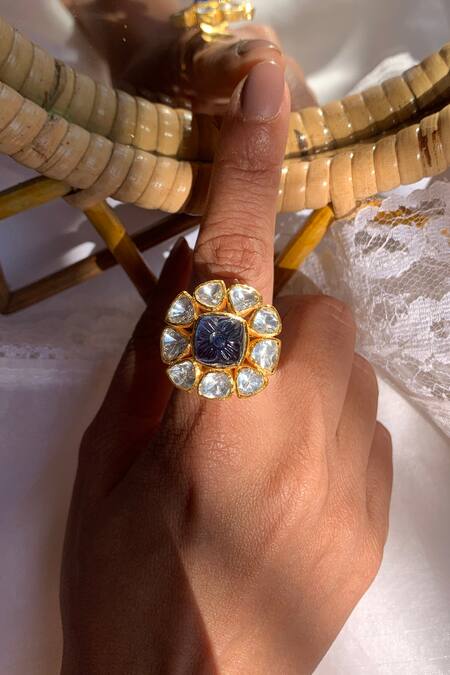 Buy_Zeeya Luxury Jewellery_White Diamonds, Stones Nila Polki Embellished Ring_Online_at_Aza_Fashions