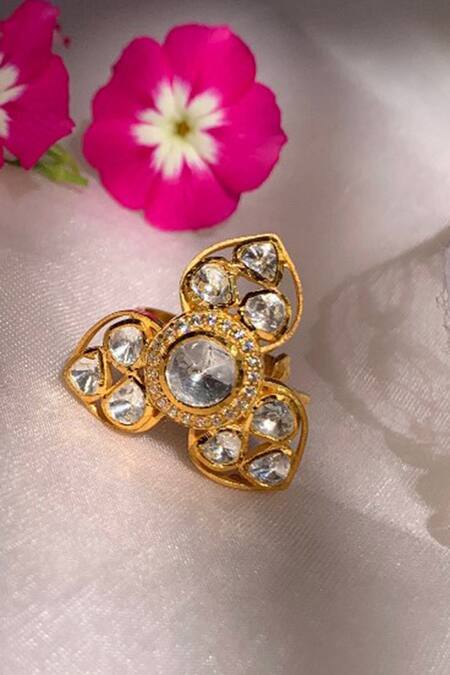 Buy_Zeeya Luxury Jewellery_White Diamonds, Stones Adelia Floral Carved Ring_Online_at_Aza_Fashions