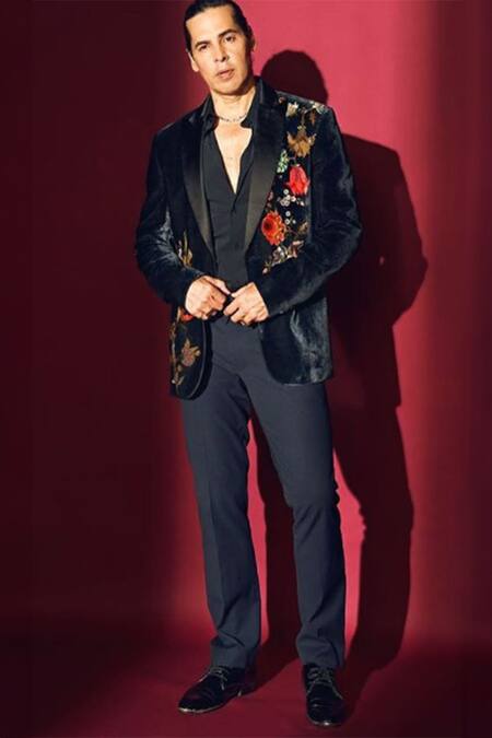 Buy_Rohit Bal_Black Velvet, Lining Resham Embroidered Tuxedo _Online_at_Aza_Fashions