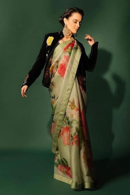 Shop_Rohit Bal_Green Organza Rosette Print Saree With Unstitched Blouse Piece _Online_at_Aza_Fashions