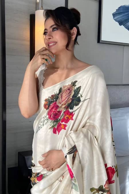 Rohit Bal_Ivory Silk, Chanderi Floral Garden Print Saree With Unstitched Blouse Piece _at_Aza_Fashions