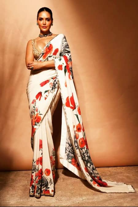Buy_Rohit Bal_Ivory Silk, Chanderi Floral Garden Print Saree With Unstitched Blouse Piece 