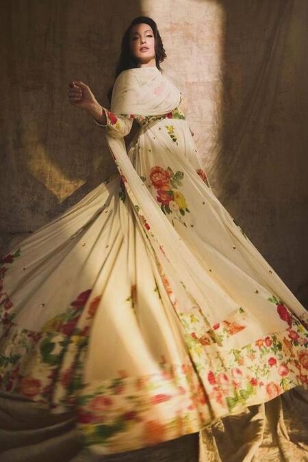 Shop_Rohit Bal_Ivory Silk, Chanderi, Cotton Embroidery Blossom Print Anarkali With Dupatta _Online_at_Aza_Fashions