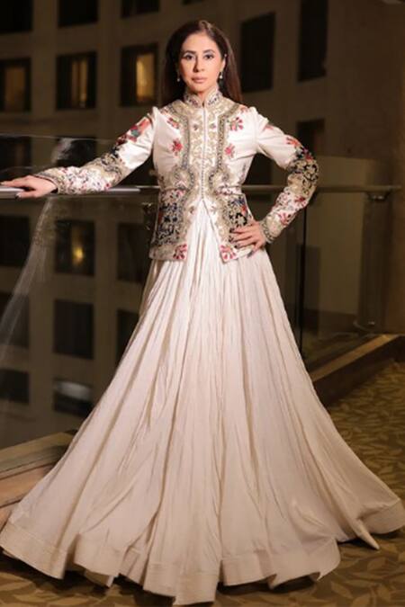 Shop Rohit Bal Ivory Silk, Chanderi Silk, Voile Embroidery Mandarin Collar Paisley Jacket Online at Aza Fashions Shop_Rohit Bal_Ivory Silk, Chanderi Silk, Voile Embroidery Mandarin Collar Paisley Jacket _Online_at_Aza_Fashions