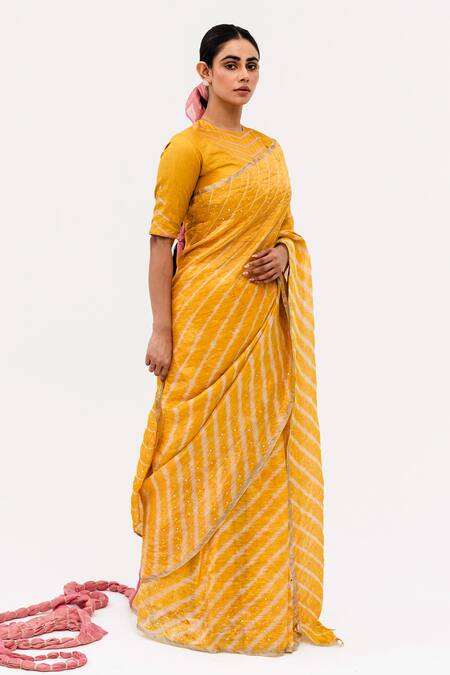 Naina Jain_Yellow Tissue, Linen Luni Leheriya Wave Saree With Unstitched Blouse Piece_Online_at_Aza_Fashions