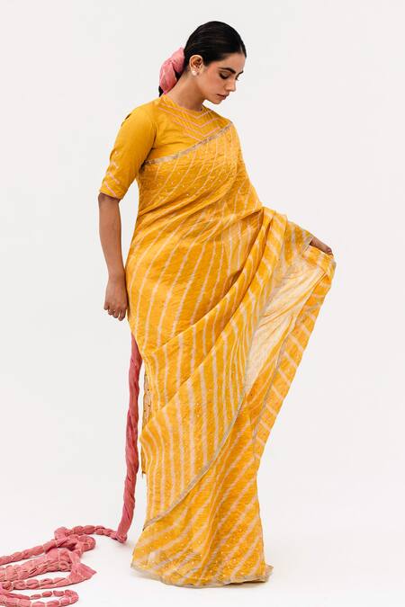 Buy_Naina Jain_Yellow Tissue, Linen Luni Leheriya Wave Saree With Unstitched Blouse Piece_Online_at_Aza_Fashions