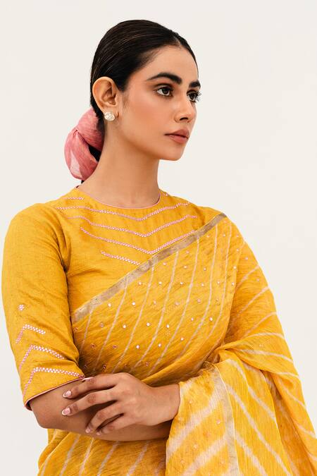 Shop_Naina Jain_Yellow Tissue, Linen Luni Leheriya Wave Saree With Unstitched Blouse Piece_Online_at_Aza_Fashions