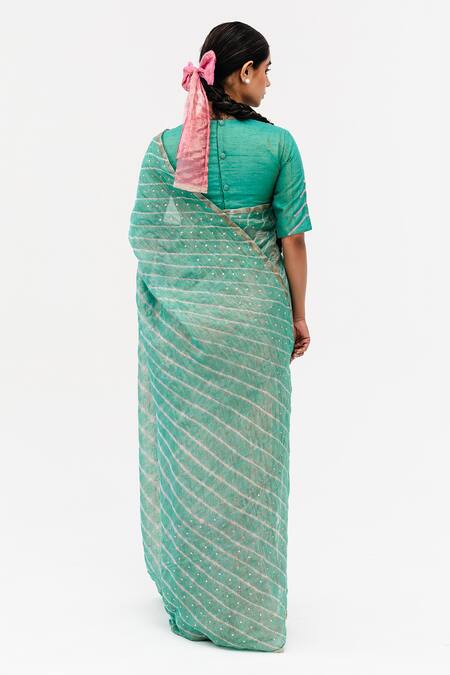 Shop Naina Jain Blue Tissue, Linen Luni Leheriya Striped Saree With Unstitched Blouse Piece at Aza Fashions Shop_Naina Jain_Blue Tissue, Linen Luni Leheriya Striped Saree With Unstitched Blouse Piece_at_Aza_Fashions