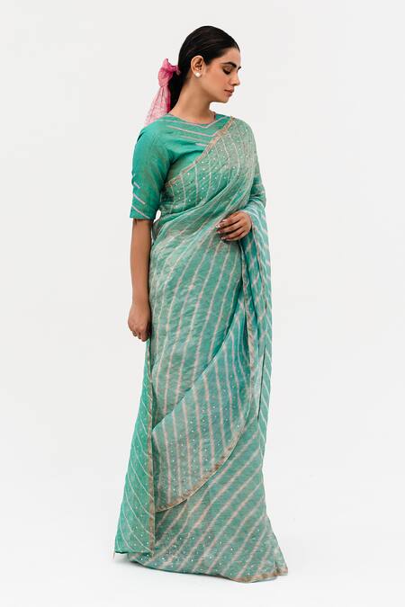 Naina Jain_Blue Tissue, Linen Luni Leheriya Striped Saree With Unstitched Blouse Piece_Online_at_Aza_Fashions
