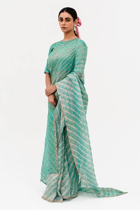 Buy Naina Jain Blue Tissue, Linen Luni Leheriya Striped Saree With Unstitched Blouse Piece Online at Aza Fashions Buy_Naina Jain_Blue Tissue, Linen Luni Leheriya Striped Saree With Unstitched Blouse Piece_Online_at_Aza_Fashions