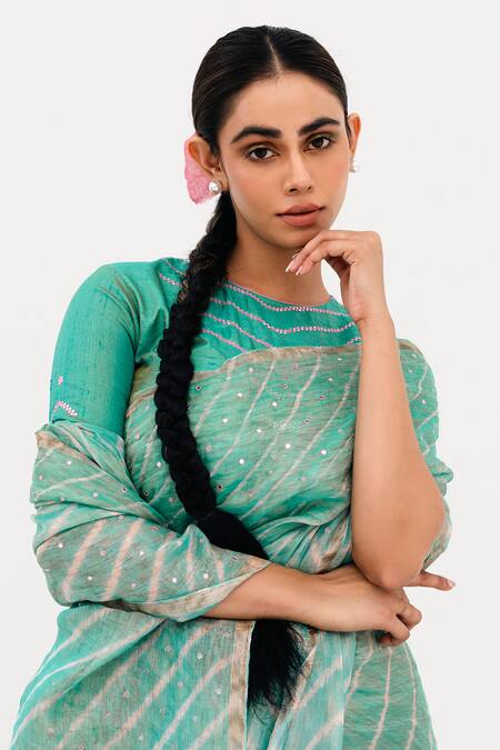 Shop_Naina Jain_Blue Tissue, Linen Luni Leheriya Striped Saree With Unstitched Blouse Piece_Online_at_Aza_Fashions