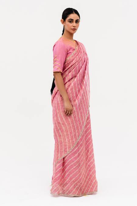 Naina Jain_Pink Tissue, Linen Mirrors Luni Leheriya Saree With Unstitched Blouse Piece_Online_at_Aza_Fashions