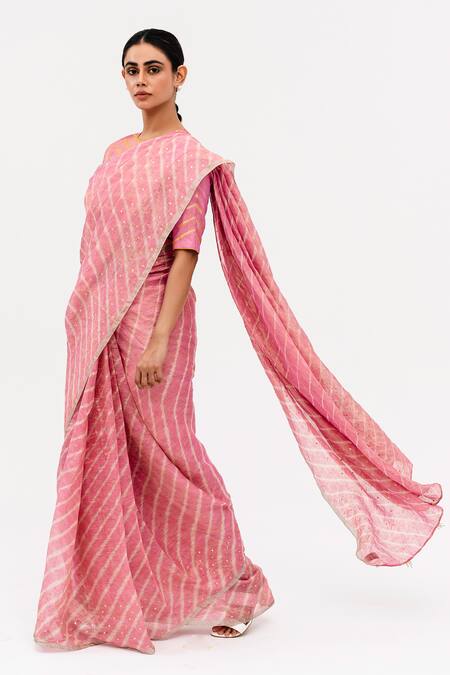Buy_Naina Jain_Pink Tissue, Linen Mirrors Luni Leheriya Saree With Unstitched Blouse Piece_Online_at_Aza_Fashions