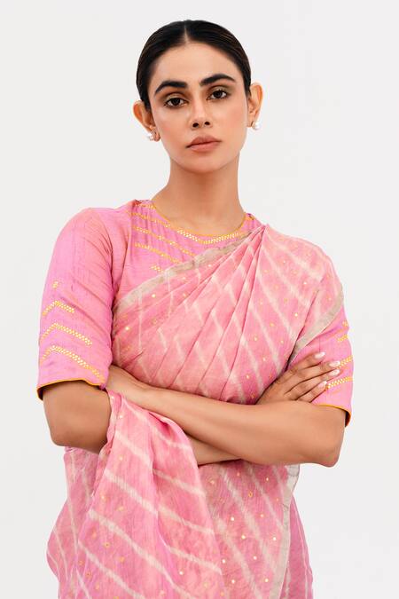 Shop_Naina Jain_Pink Tissue, Linen Mirrors Luni Leheriya Saree With Unstitched Blouse Piece_Online_at_Aza_Fashions