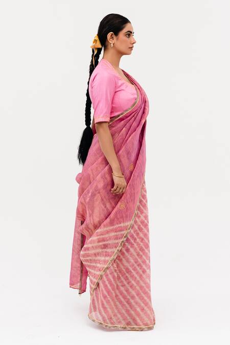 Naina Jain_Pink Silk, Linen, Tissue Sukri Half Leheriya Saree With Unstitched Blouse Piece_Online_at_Aza_Fashions