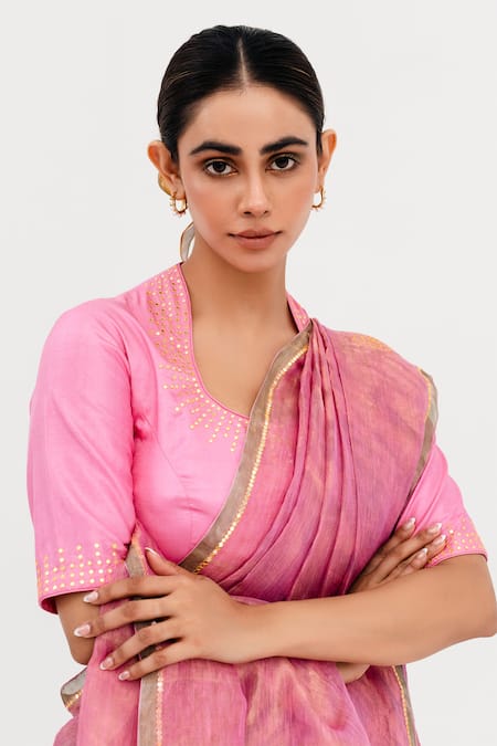 Shop_Naina Jain_Pink Silk, Linen, Tissue Sukri Half Leheriya Saree With Unstitched Blouse Piece_Online_at_Aza_Fashions