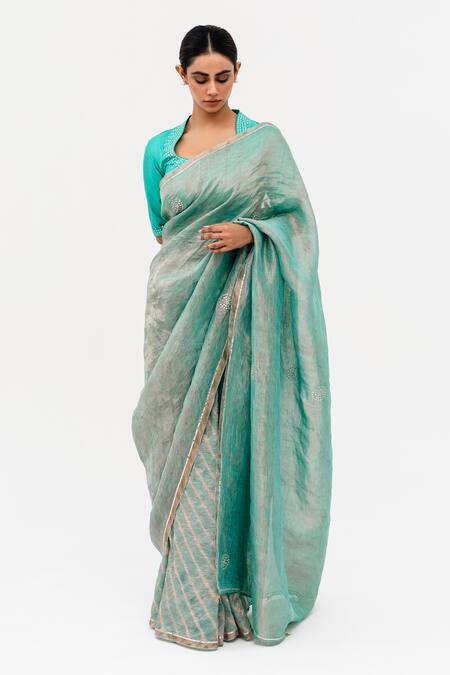 Naina Jain_Blue Silk, Linen, Sukri Half Leheriya Pattern Saree With Unstitched Blouse Piece_Online_at_Aza_Fashions