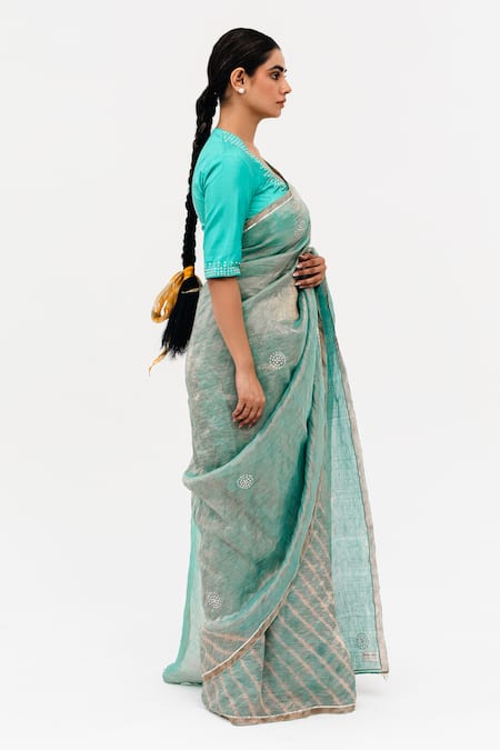 Buy_Naina Jain_Blue Silk, Linen, Sukri Half Leheriya Pattern Saree With Unstitched Blouse Piece_Online_at_Aza_Fashions