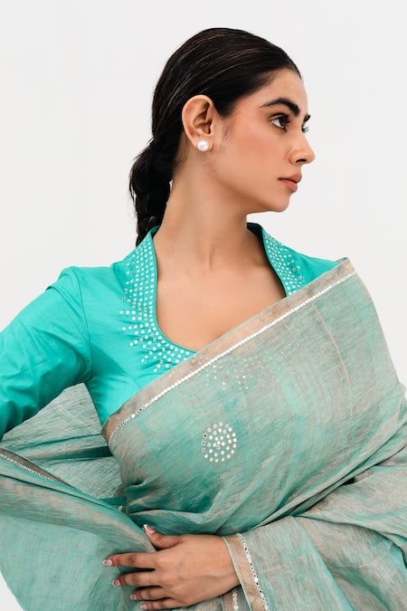 Shop_Naina Jain_Blue Silk, Linen, Sukri Half Leheriya Pattern Saree With Unstitched Blouse Piece_Online_at_Aza_Fashions
