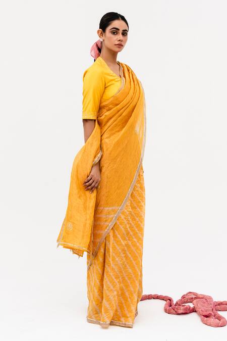 Naina Jain_Yellow Silk, Linen, Sukri Half Leheriya Saree With Unstitched Blouse Piece_Online_at_Aza_Fashions